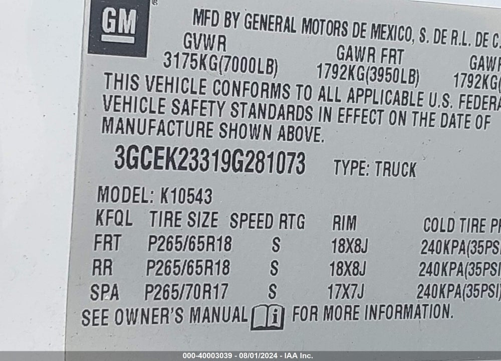 2009 CHEVROLET SILVERADO 1500 LT VIN: 3GCEK23319G281073