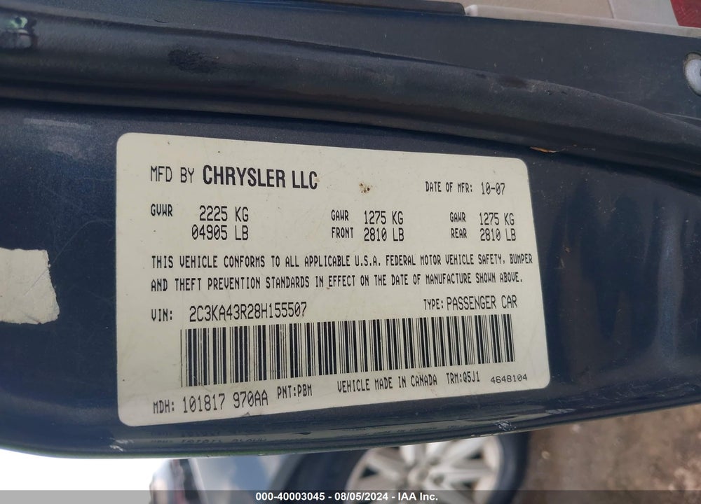 2008 CHRYSLER 300 LX VIN: 2C3KA43R28H155507
