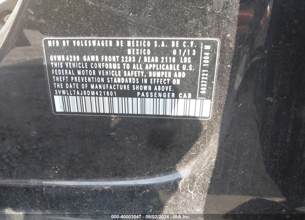 2013 VOLKSWAGEN JETTA VIN: 3VWLL7AJ8DM421601