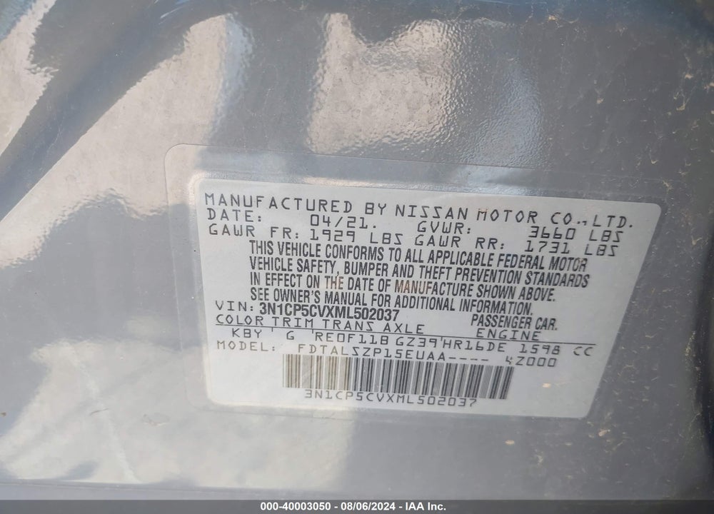 2021 NISSAN KICKS SV XTRONIC CVT VIN: 3N1CP5CVXML502037