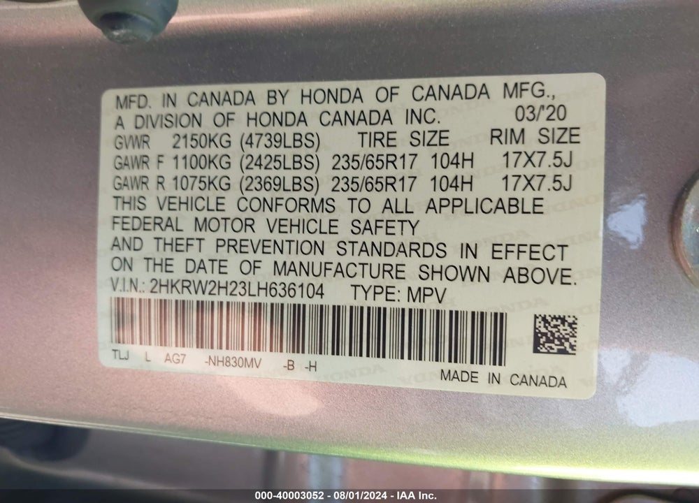 2020 HONDA CR-V AWD LX VIN: 2HKRW2H23LH636104