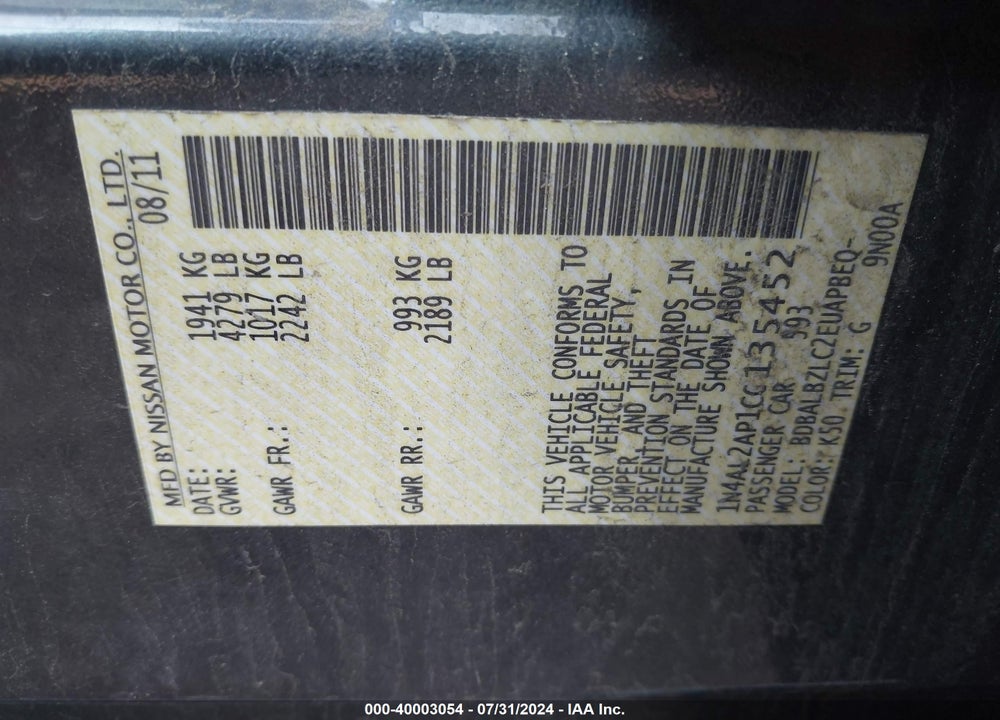 2012 NISSAN ALTIMA 2.5 S VIN: 1N4AL2AP1CC135452