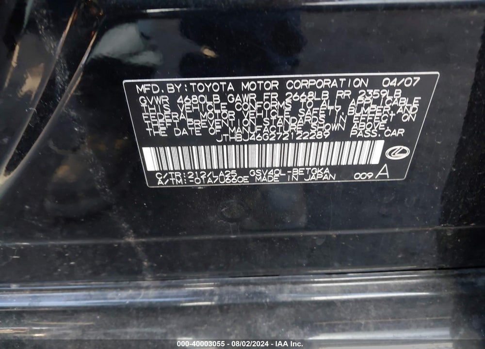 2007 LEXUS ES 350 VIN: JTHBJ46G272122289