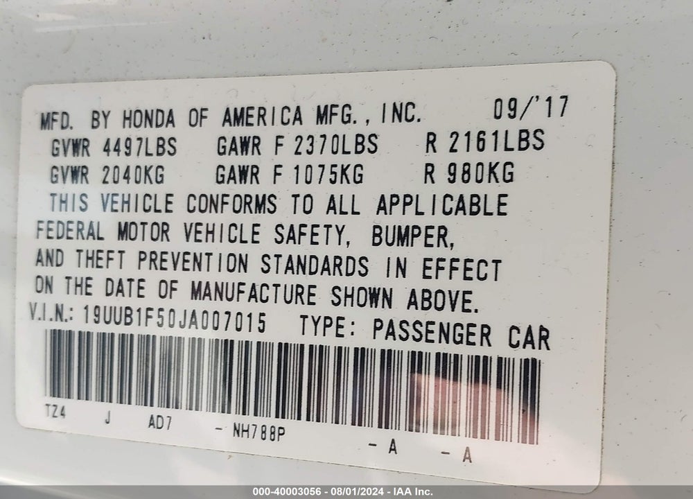 2018 ACURA TLX TECH PKG VIN: 19UUB1F50JA007015