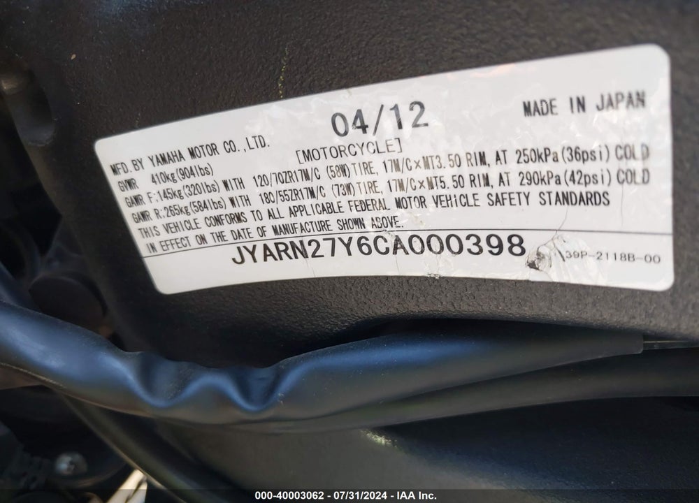 2012 YAMAHA FZ8 NC VIN: JYARN27Y6CA000398
