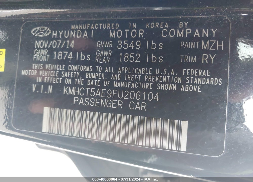 2015 HYUNDAI ACCENT GS VIN: KMHCT5AE9FU206104