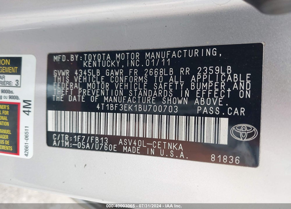 2011 TOYOTA CAMRY LE VIN: 4T1BF3EK1BU700703