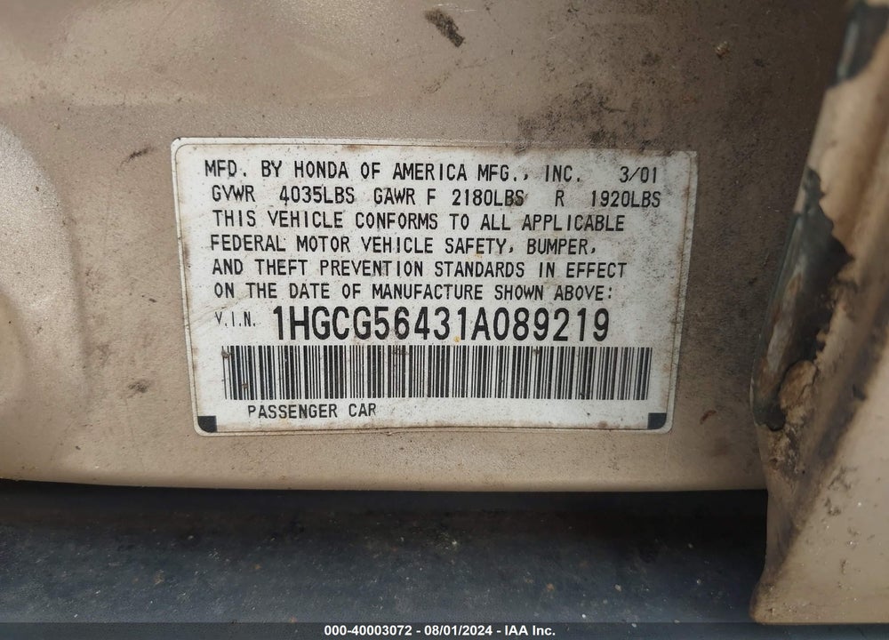 2001 HONDA ACCORD 2.3 LX VIN: 1HGCG56431A089219