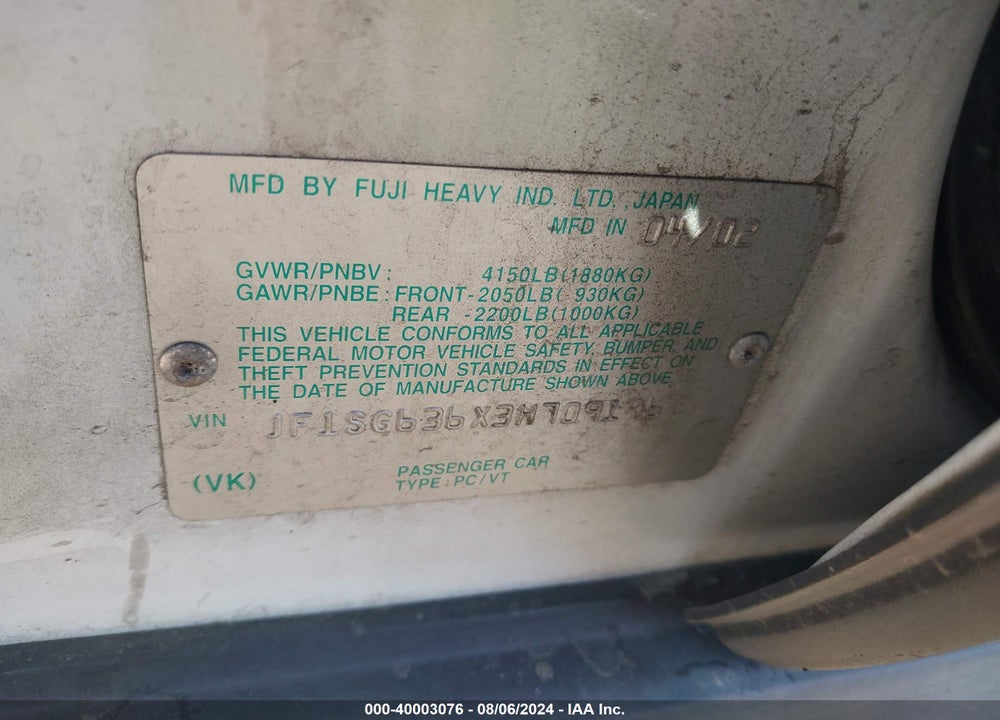 2003 SUBARU FORESTER X VIN: JF1SG636X3H709196