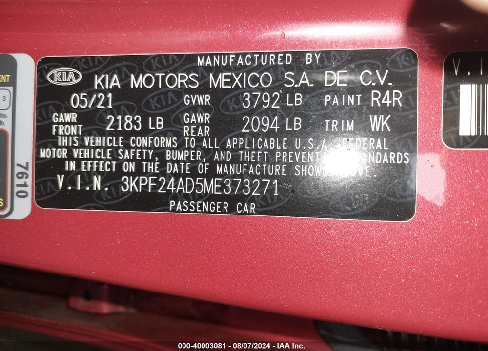 2021 KIA FORTE LXS VIN: 3KPF24AD5ME373271