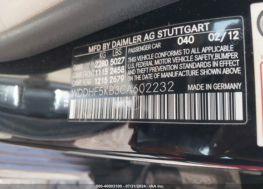 2012 MERCEDES-BENZ E 350 VIN: WDDHF5KB3CA602232