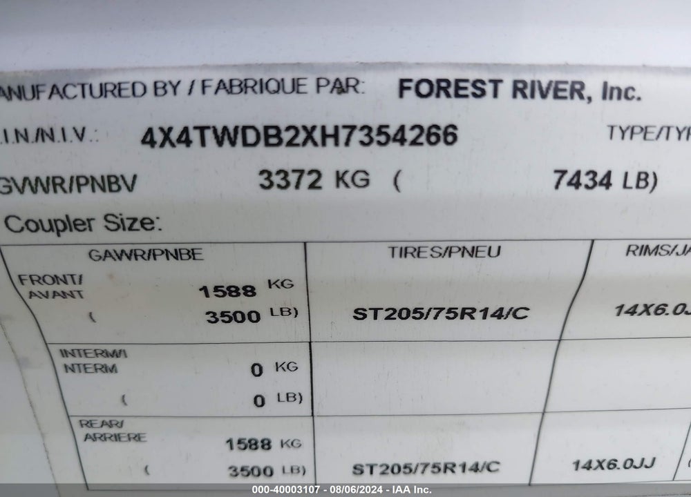 2017 FOREST RIVER WILDWOOD M-28DBUD VIN: 4X4TWDB2XH7354266