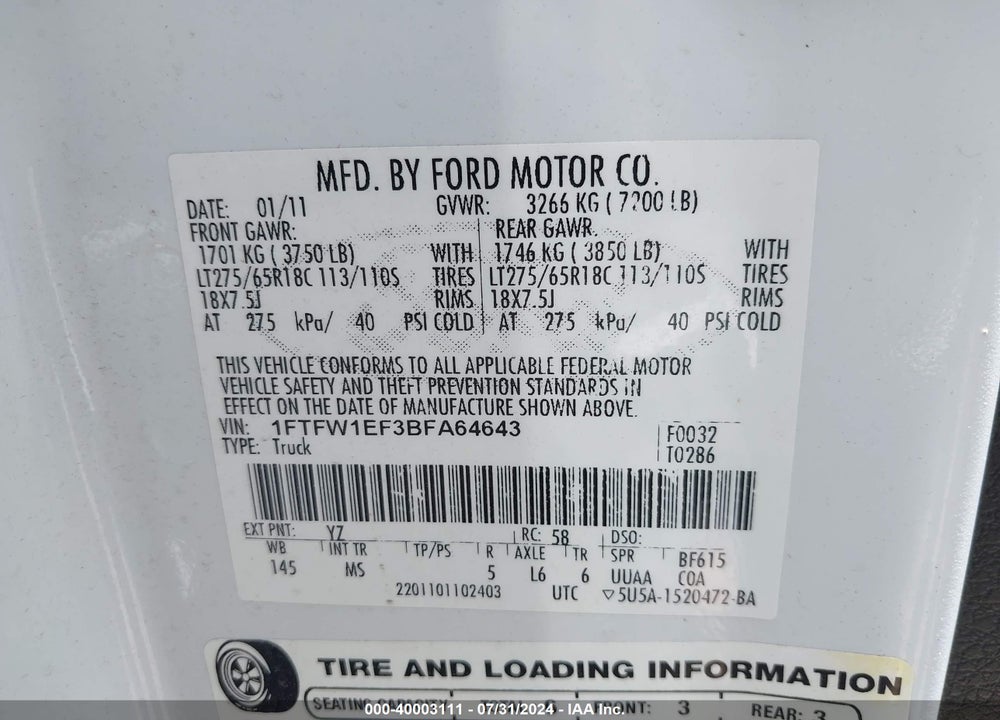 2011 FORD F-150 XLT VIN: 1FTFW1EF3BFA64643
