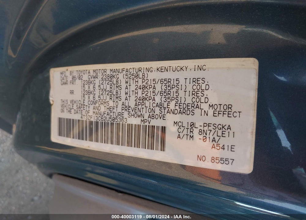 2002 TOYOTA SIENNA VIN: 4T3ZF13C62U505363