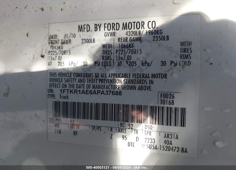 2010 FORD RANGER XL VIN: 1FTKR1AE6APA37688