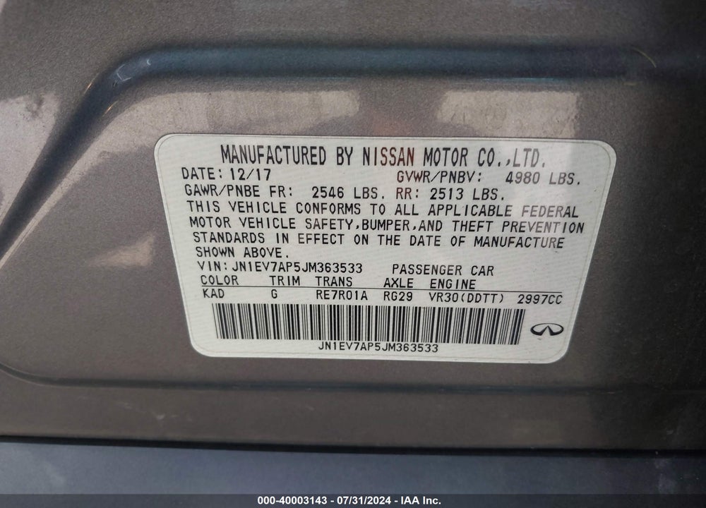 2018 INFINITI Q50 3.0T LUXE VIN: JN1EV7AP5JM363533