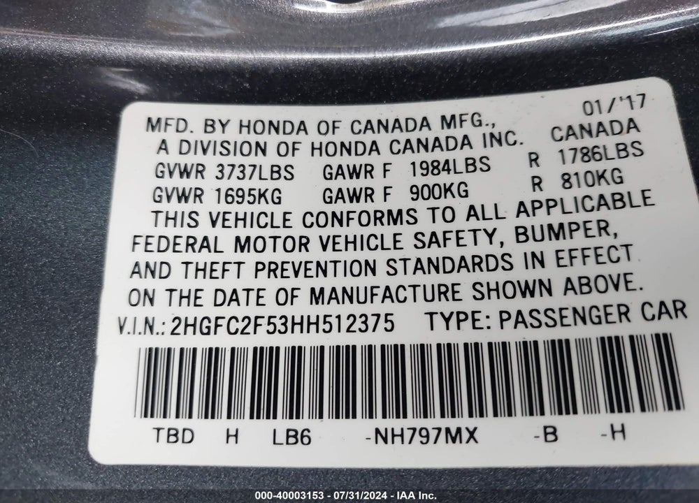 2017 HONDA CIVIC LX VIN: 2HGFC2F53HH512375