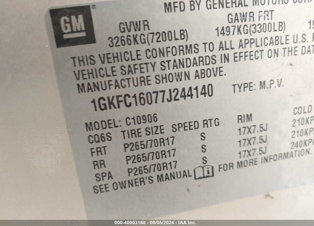 2007 GMC YUKON XL 1500 SLT VIN: 1GKFC16077J244140