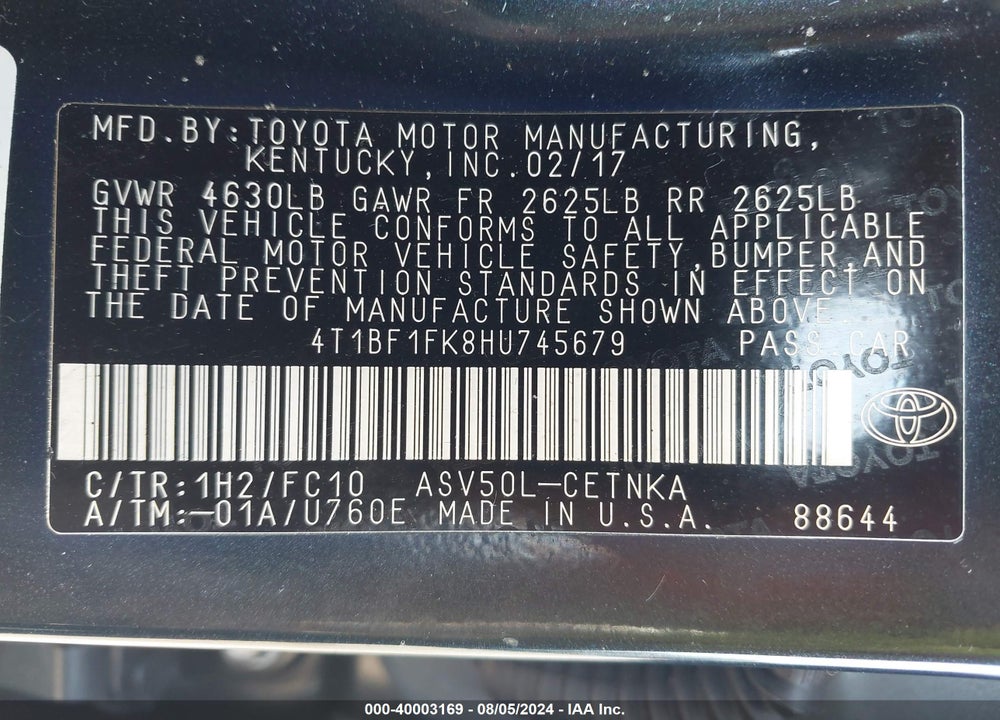 2017 TOYOTA CAMRY LE VIN: 4T1BF1FK8HU745679