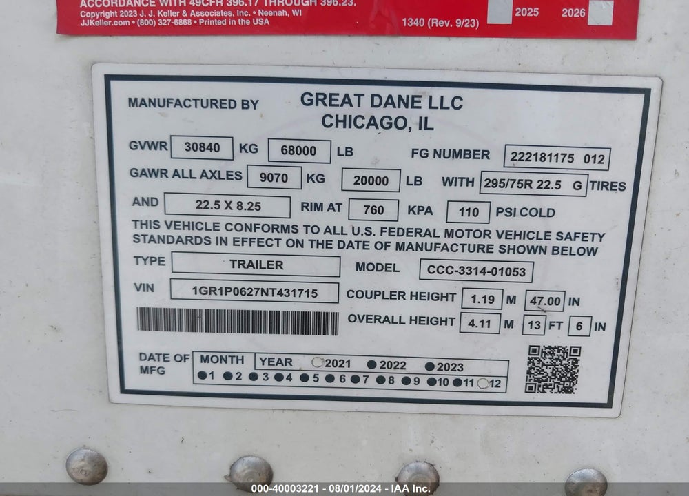 2022 GREAT DANE TRAILERS --- VIN: 1GR1P0627NT431715