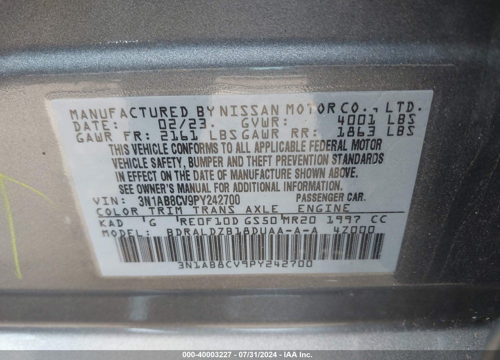 2023 NISSAN SENTRA SV XTRONIC CVT VIN: 3N1AB8CV9PY242700