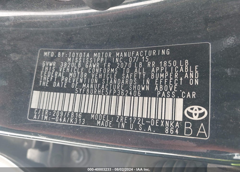 2015 TOYOTA COROLLA LE VIN: 5YFBURHE5FP362406