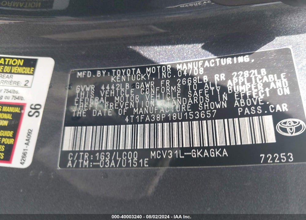 2008 TOYOTA CAMRY SOLARA SLE VIN: 4T1FA38P18U153657
