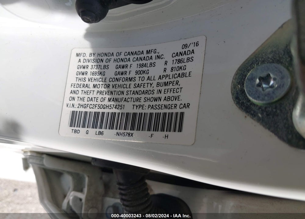 2016 HONDA CIVIC LX VIN: 2HGFC2F50GH574251