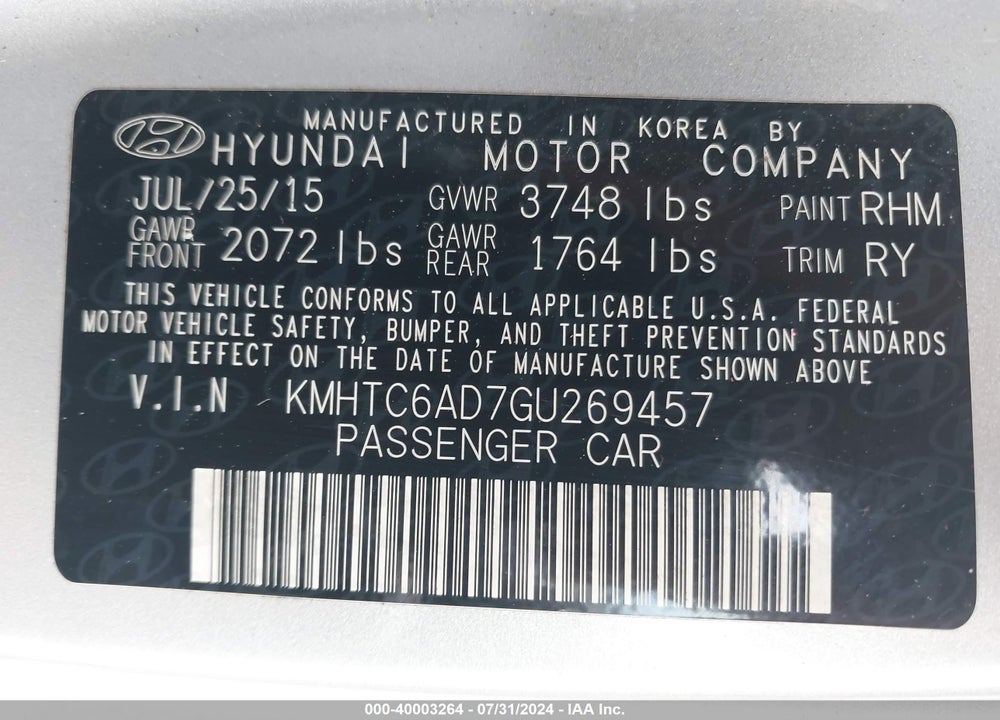 2016 HYUNDAI VELOSTER VIN: KMHTC6AD7GU269457