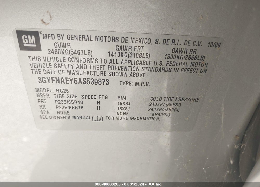 2010 CADILLAC SRX LUXURY COLLECTION VIN: 3GYFNAEY6AS539873
