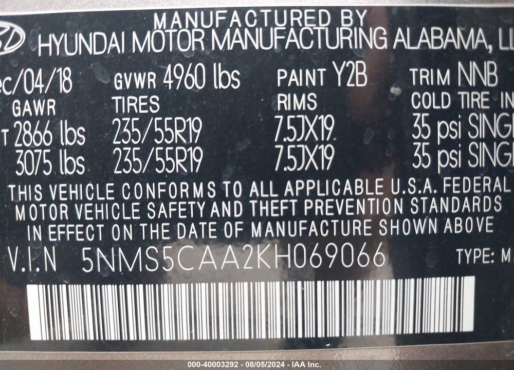 2019 HYUNDAI SANTA FE ULTIMATE 2.0T VIN: 5NMS5CAA2KH069066