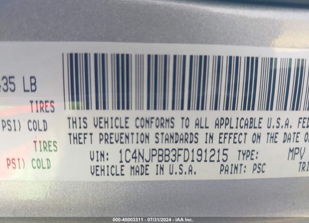 2015 JEEP PATRIOT SPORT VIN: 1C4NJPBB3FD191215