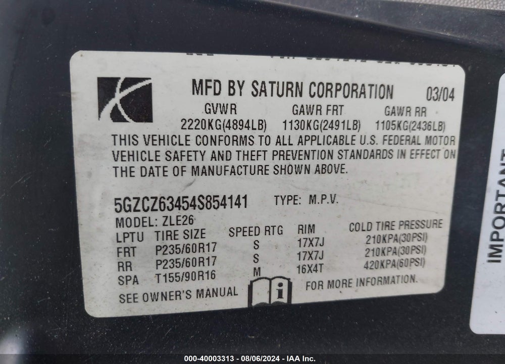 2004 SATURN VUE V6 VIN: 5GZCZ63454S854141