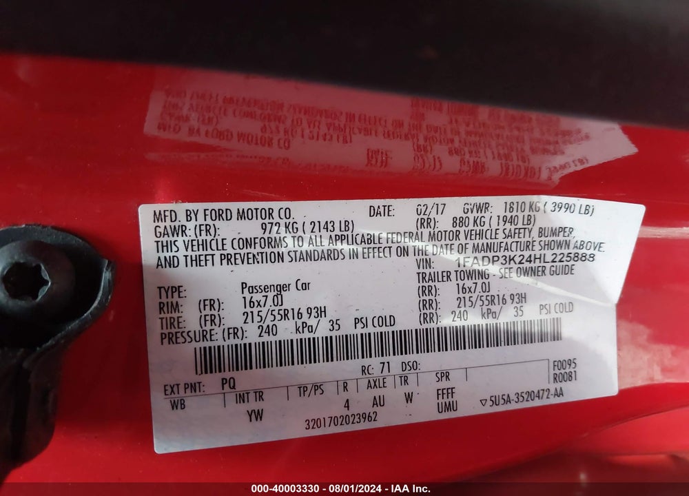 2017 FORD FOCUS SE VIN: 1FADP3K24HL225888