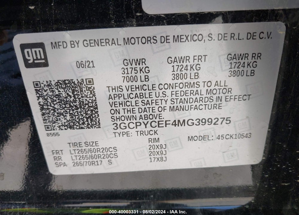 2021 CHEVROLET SILVERADO 1500 4WD SHORT BED CUSTOM TRAIL BOSS VIN: 3GCPYCEF4MG399275