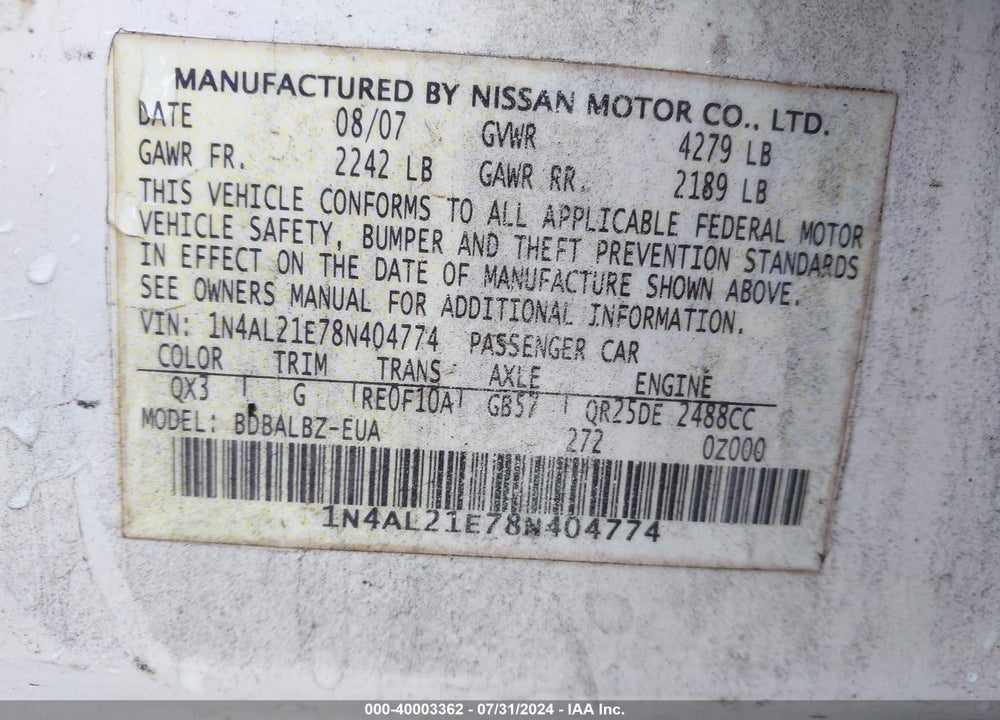 2008 NISSAN ALTIMA 2.5 S VIN: 1N4AL21E78N404774