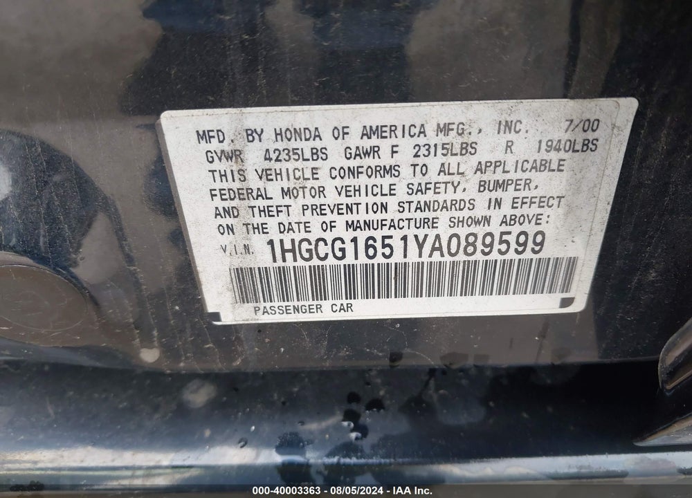 2000 HONDA ACCORD 3.0 EX VIN: 1HGCG1651YA089599