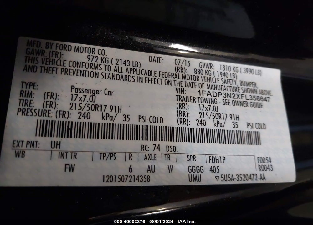 2015 FORD FOCUS TITANIUM VIN: 1FADP3N2XFL358647