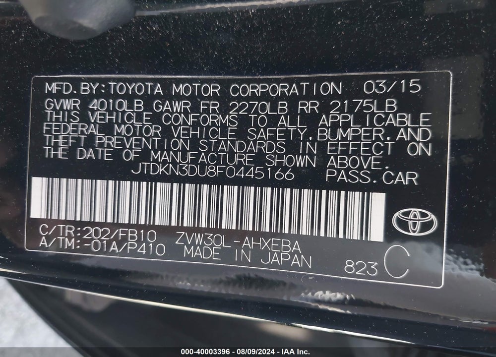 2015 TOYOTA PRIUS TWO VIN: JTDKN3DU8F0445166