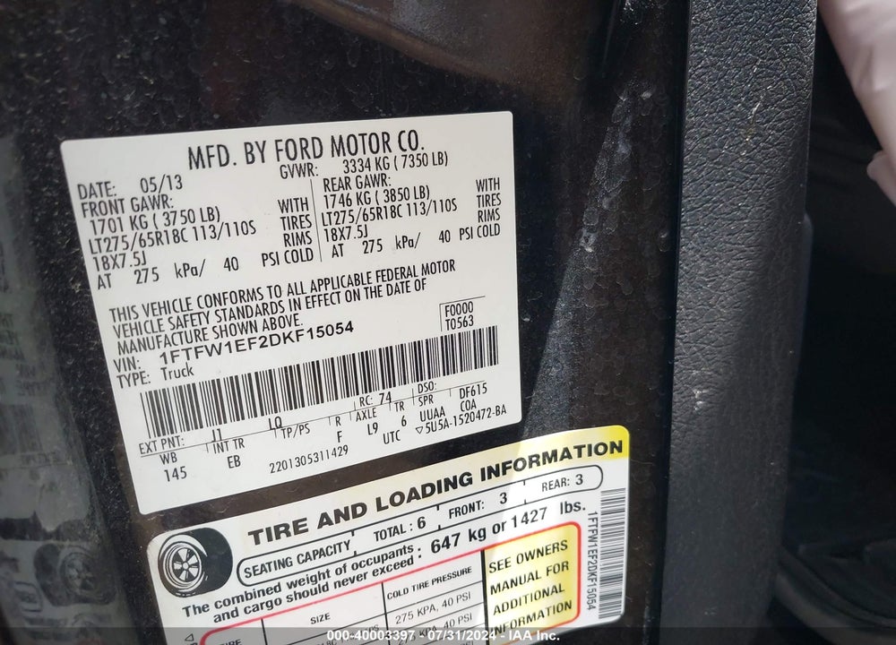 2013 FORD F-150 LARIAT VIN: 1FTFW1EF2DKF15054