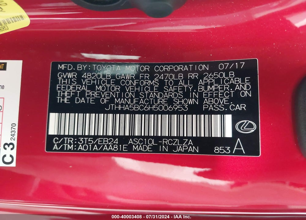2017 LEXUS RC 200T VIN: JTHHA5BC6H5006953