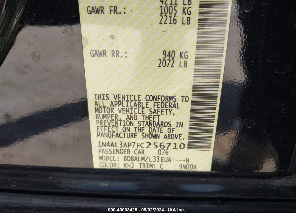 2015 NISSAN ALTIMA 2.5 SV VIN: 1N4AL3AP7FC256710