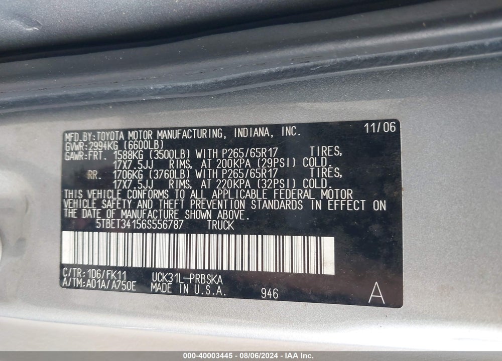 2006 TOYOTA TUNDRA SR5 V8 VIN: 5TBET34156S556787
