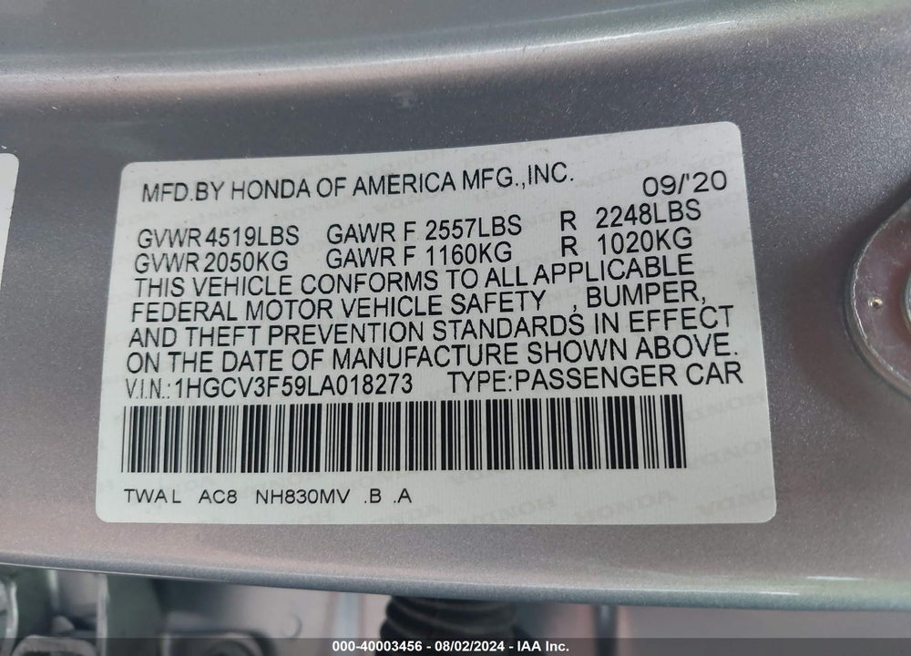 2020 HONDA ACCORD HYBRID EX-L VIN: 1HGCV3F59LA018273