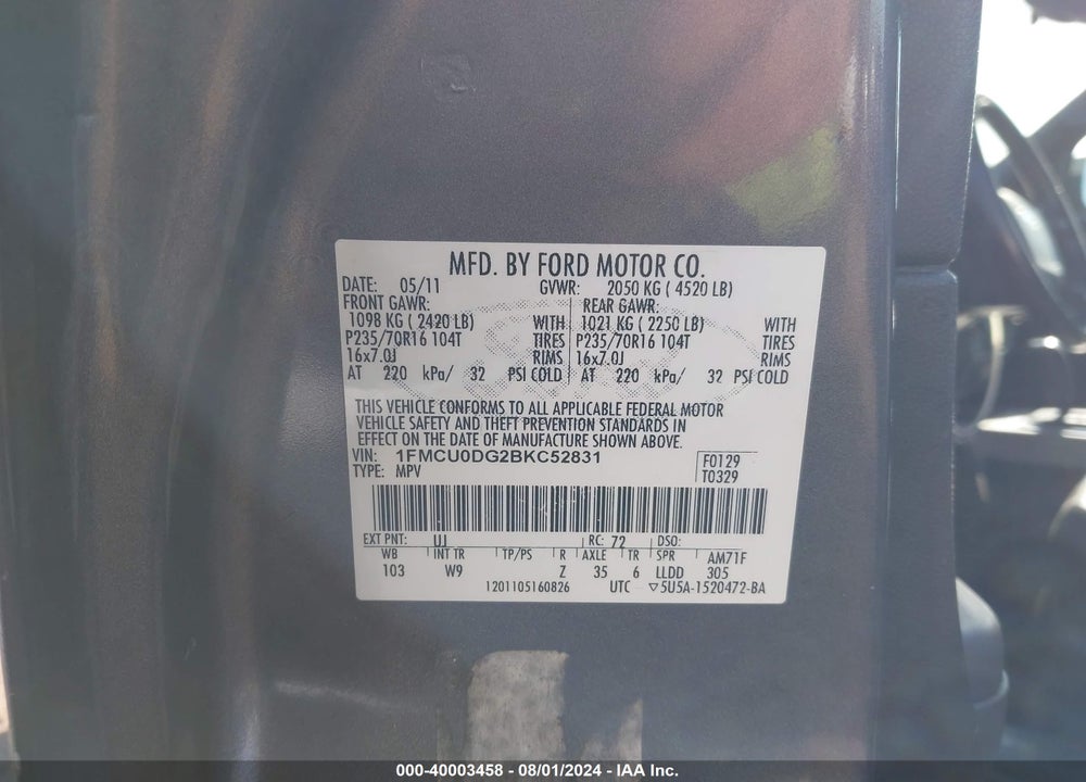 2011 FORD ESCAPE XLT VIN: 1FMCU0DG2BKC52831