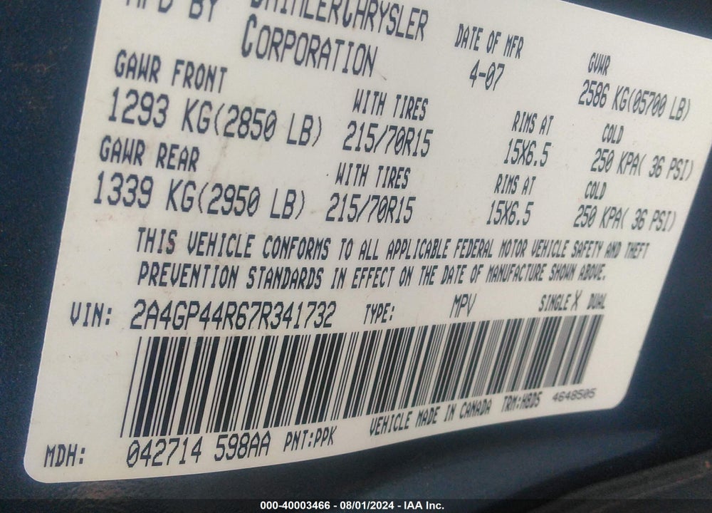 2007 CHRYSLER TOWN & COUNTRY LX VIN: 2A4GP44R67R341732