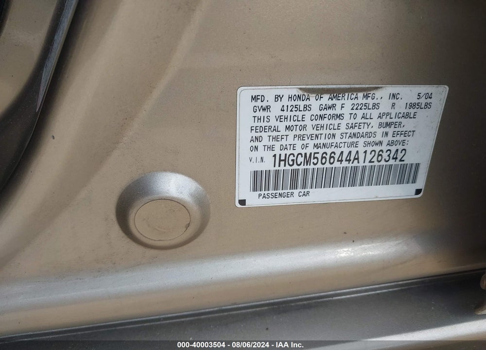 2004 HONDA ACCORD 2.4 EX VIN: 1HGCM56644A126342