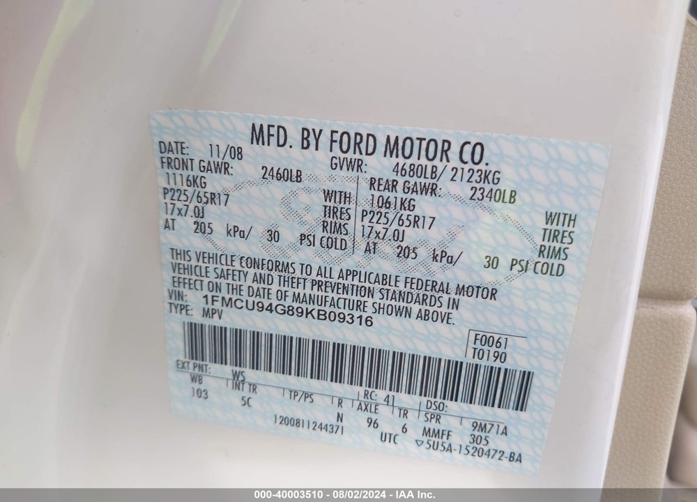2009 FORD ESCAPE LIMITED VIN: 1FMCU94G89KB09316