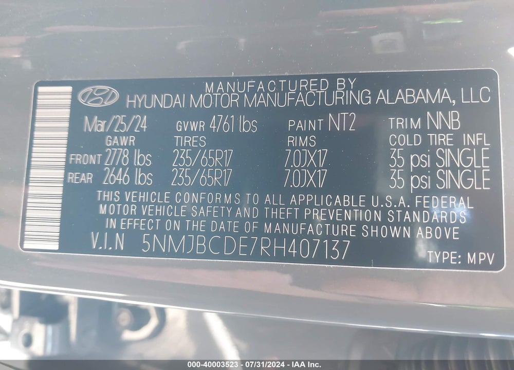 2024 HYUNDAI TUCSON SEL VIN: 5NMJBCDE7RH407137