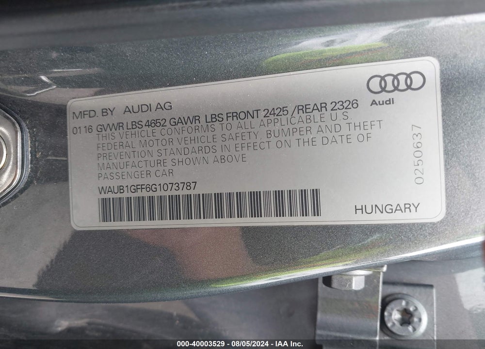2016 AUDI S3 2.0T PREMIUM PLUS VIN: WAUB1GFF6G1073787
